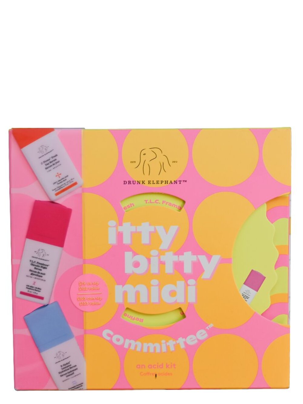 Drunk Elephant Itty Bitty Midi committee Acid Kit C-Firma TLC Framboos, B-Hydra
